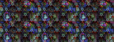 Raster deseni. Karalama çiçekleri çizim kalıbı. Sanat, mavi ve siyah renkli çiçeklere ilham verir ve arka planda izler bırakır. Siyah ve mavi el çizimi desen.