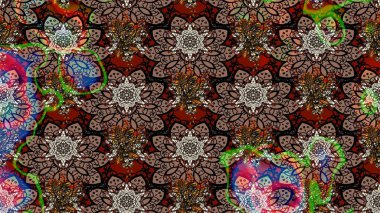 Renkli grunge, soyut arkaplanı, koyu kahverengi ve siyah çiçeklerle süslüyor. Parmak izi, kumaş, duvar kâğıdı, tekstil için raster dokusu. Nakış desenli çiçek deseni..