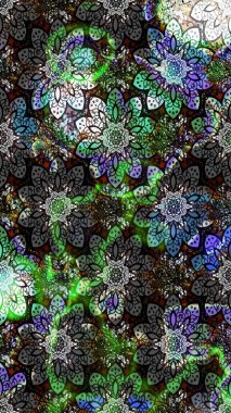 Hint süsü. Çiçek duvar kağıdı. Raster illüstrasyonu. Çizim kalıbı. Gri ve siyah renklerde. Renkli süs kenarı.