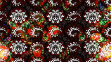 Parlak renkli çiçekleri ve siyah ve kahverengi renkte yaprakları olan harika bir çiçek deseni. Moda baskıları için zarif bir şablon. Modern çiçek arkaplanı. Halk stili.