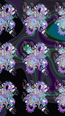 Raster - stok. Yapraklı çiçekler ve papatya çiçekli siyah ve mor renkli. Taslak arkaplan deseni.