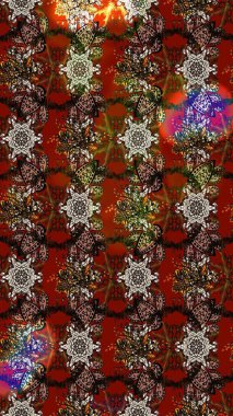 Colorful ornamental border. Sketch pattern. Indian ornament. Raster illustration. Floral wallpaper. On brown and red colors.