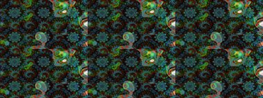 Asya tekstil tarzında. Çiçek desenli çizim. Raster illüstrasyonu. Raster illüstrasyonu. Mavi ve kahverengi renkte çiçekler.