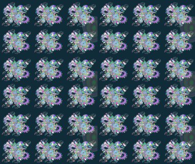 Raster illüstrasyonundaki çiçek desenli çizim. Düz Çiçek Elementleri Tasarımı. Renkli Bahar Teması eskiz kalıbı. Süslü kumaş deseni.