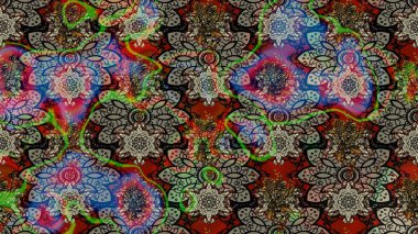 Renkli grunge, soyut arkaplanı kologri ve kahverengi çiçeklerle süslüyor. Nakış desenli çiçek deseni. İzler, kumaş, duvar kağıtları, tekstil için raster dokusu.