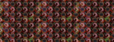 Çocuksu tasarım. Elle çizilmiş çiçek desenli Raster çizimi. Tekstil, kumaş, ambalaj, hatıra defteri için hoş bir çiçek arkaplanı. Siyah ve kahverengi arkaplanda.