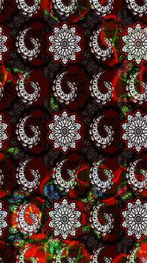 Raster Floral Illustration, Asyalı tekstil. Siyah ve kahverengi renkli etnik çiçeklerle zarif bir eskiz deseni..