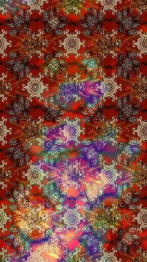 Arkaplan dokusu, duvar kağıdı, kahverengi ve kırmızı renkli çiçek teması. Kabile sanatı boho baskısı, klasik çiçek arkaplanı. Soyut etnik raster çizim kalıbı.