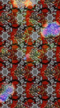 El çizimi. Raster illüstrasyonu. Güzel kumaş deseni. Çiçekler, dallar, otlar ve çiçekler.