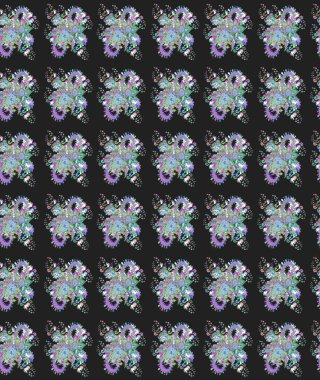 1950-1960 motifleri. Çiçekli ipek eşarp. Gri ve mavi üzerine gri ve mavi. Retro tekstil tasarım koleksiyonu. El çizimi çiçek elementleri ile soyut çizim raster deseni.