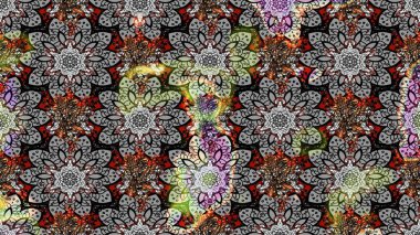 Soyut etnik raster çizim kalıbı. Arkaplan dokusu, duvar kağıdı, gri ve siyah renkli çiçek teması. Kabile sanatı boho baskısı, klasik çiçek arkaplanı.