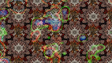 Suluboya elle çizilmiş çiçek desenli eskiz deseni. Parlak renkli fantezi çiçekleri, yapraklar, kahverengi ve siyah renkli tomurcuklar kahverengi ve siyah.