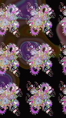 Siyah ve kahverengi renkli bitkilerden oluşan parlak çiçekli çizim deseni.