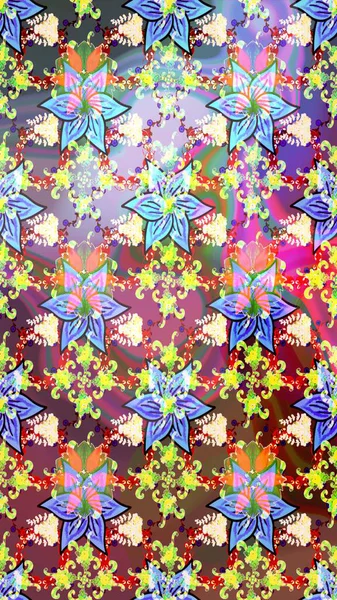 1950-1960 motifleri. El çizimi çiçek unsurları olan soyut çizim raster deseni. Tarafsız ve mavi, nötr ve mavi. Çiçekli ipek eşarp. Retro tekstil tasarım koleksiyonu.