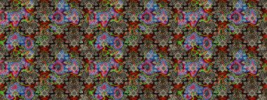 Parmak izi, kumaş, duvar kâğıdı, tekstil için raster dokusu. Renkli grunge, soyut arkaplanı kologri ve kahverengi çiçeklerle süslüyor. Nakış desenli çiçek deseni..