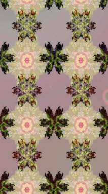 Raster illüstrasyonu. Çiçeklerle suluboya desenli çiçek deseni. Bej ve gri renkli Asya tekstili.