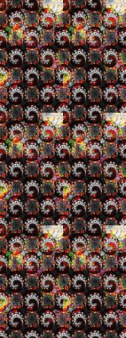 Modern çiçek arkaplanı. Moda baskıları için zarif bir şablon. Parlak renkli çiçekleri ve siyah ve gri renkli yaprakları olan harika bir çiçek deseni. Halk stili.