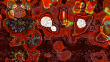 Çiçekli zambakların eskiz geçmişi. Parlak çiçekli kolaj çiçekleri kahverengi ve kırmızı. Çiçek tasarımı için inanılmaz kolaj cennet tarzı..