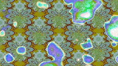 Yeşil ve mavi renkli bitkilerden oluşan parlak çiçekli çizim deseni.