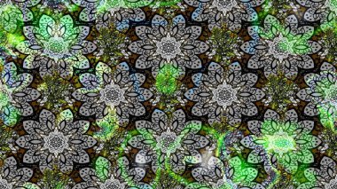 Gri ve yeşil renkli Asya tekstili. Raster illüstrasyonu. Çiçek desenini çiz.