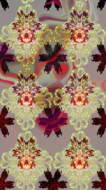 Raster. Eskiz geçmişi. Raster illüstrasyonu. Tomurcukları çiçek olan sevimli bir çiçek deseni. Kumaş, tekstil, duvar kağıdı baskısı için. Antika retro tarzı.