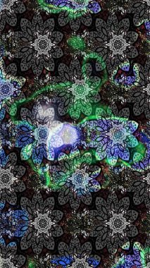 Nakış desenli çiçek deseni. Parmak izi, kumaş, duvar kâğıdı, tekstil için raster dokusu. Renkli grunge soyut arkaplanı Cologray ve siyah çiçeklerle zenginleştirir.