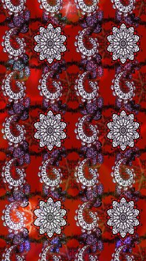 Renkli süs kenarı. Çizim kalıbı. Hint süsü. Raster illüstrasyonu. Kırmızı ve kahverengi renklerde. Çiçek duvar kağıdı.