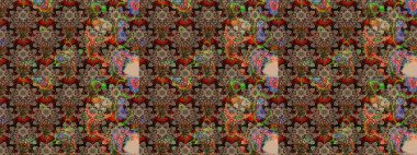 Arkaplan dokusu, duvar kağıdı, kahverengi ve bej renkli çiçek teması. Kabile sanatı boho baskısı, klasik çiçek arkaplanı. Soyut etnik raster çizim kalıbı.