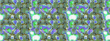 Raster illüstrasyonu. Yumuşak, bahar çiçekleri yeşil ve mavi renklerde. Yaprak ve çiçeklerin suluboya resmi, yeşil ve mavi renkler üzerine çizim deseni.