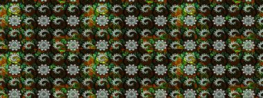 Raster illüstrasyonu. Hint süsü. Renkli süs kenarı. Çizim kalıbı. Çiçek duvar kağıdı. Kahverengi ve siyah renklerde.