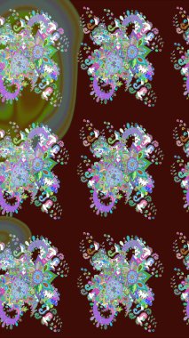 Tekstil, kumaş, kapaklar, duvar kağıtları, baskı, naylon, koleksiyon defteri, örgü, dekupaj için güzel bir eskiz. Millefleur 'lar. Küçük kahverengi ve yeşil renkte güzel bir besin torbası deseni, çiçekler..