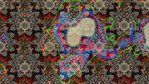 Raster illüstrasyonu. Kıvırcık, parlak örgü. Güzel, parlak, pürüzsüz kumaş, tuval. Çiçek çelengi. Eski moda arka plan. Desen, çizim, çiçek sınırı..