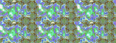 Asya tekstil tarzında. Raster illüstrasyonu. Raster illüstrasyonu. Çiçek desenli çizim. Yeşil ve mavi renkte çiçekler.