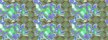 Asya tekstil tarzında. Raster illüstrasyonu. Raster illüstrasyonu. Çiçek desenli çizim. Yeşil ve mavi renkte çiçekler.