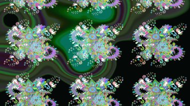 Raster Floral Illustration, Asyalı tekstil. Yeşil ve siyah renkte etnik çiçeklerle süslenmiş zarif bir eskiz..