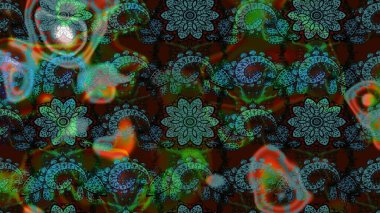 Raster illüstrasyonu. Şirin karalamalı çiçek desenli çizim. Raster illüstrasyonu. Robot resim tarzı mavi ve kahverengi renkler. El yapımı çiçek ve bitki koleksiyonu.