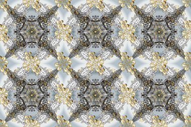 Senin tasarımın için, duvar kağıdı. Raster geometrik arka plan. Altın rengi, kusursuz çizim. Altın desenli gri, bej ve nötr renklerde altın çiçekli elementler.