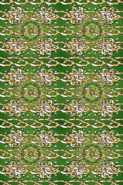 Kusursuz klasik raster altın desenli. Klasik klasik klasik arka plan. Yeşil, kahverengi ve bej renklerde altın elementlerle kusursuz desen. Geleneksel oryantasyon süsü.