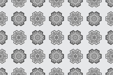 Gri, beyaz ve siyah renklerde bahar çiçekleri. Raster deseni. Raster illüstrasyonu. Patlayan çiçekler soyut yerleştirilmiş.