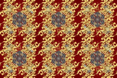 Raster geometrik arka plan. Altın rengi, kusursuz çizim. Senin tasarımın için, duvar kağıdı. Altın desenli kırmızı, kahverengi ve sarı renklerde altın çiçekli elementler..