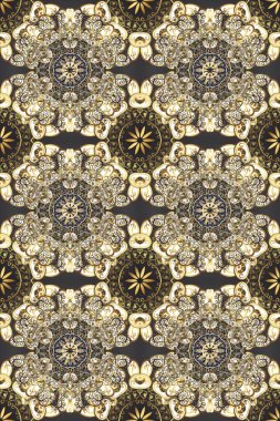 Kusursuz kraliyet lüksü, altın barok kumaş rengi. Altın antika ortaçağ dekoratifi, yapraklar ve altın desenli gri, bej ve kahverengi renklerle derlenmemiş desenler..