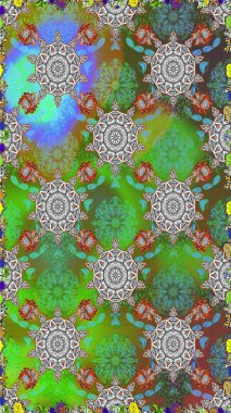 Raster illüstrasyonunda kusursuz çiçek deseni. Yeşil ve gri renkte çiçekler.