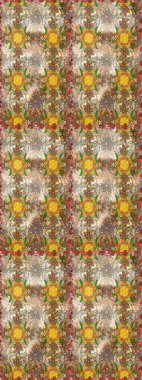 Moda baskıları için zarif bir şablon. Parlak renkli çiçekleri ve bej ve kahverengi renkte yaprakları olan harika bir çiçek deseni. Modern çiçek arkaplanı. Halk stili.