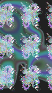 Renkli Bahar Teması eskiz kalıbı. Gri ve mavi renkli şirin çiçek desenleri. Düz Çiçek Elementleri Tasarımı. Raster Modaya uygun kumaş deseni.