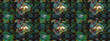 Raster Güzel kumaş deseni. Raster suluboya deseni, narin çiçekler, mavi ve yeşil çiçekler, tebrik kartı şablonu..