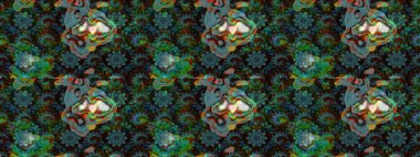 Raster Güzel kumaş deseni. Raster suluboya deseni, narin çiçekler, mavi ve yeşil çiçekler, tebrik kartı şablonu..