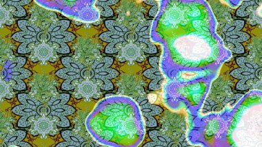 Raster illüstrasyonu. Eskiz arkaplan modeli. Yeşil ve mavi renkli yapraklı yabani çiçekler. Suluboya, elle çizilmiş.