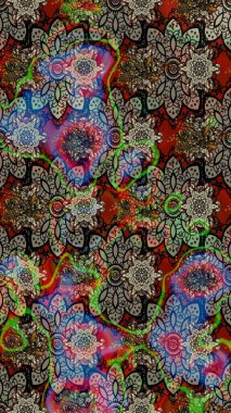 Nakış desenli çiçek deseni. Renkli grunge, soyut arkaplanı kologri ve kahverengi çiçeklerle süslüyor. İzler, kumaş, duvar kağıtları, tekstil için raster dokusu.