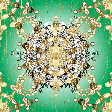 Altın kar taneleri basit, pürüzsüz desen. Kış sembolü, Mutlu Noeller, Mutlu yıllar 2019. Soyut duvar kâğıdı, ambalaj dekorasyonu. Yeşil ve beyaz renklerde altın desen.