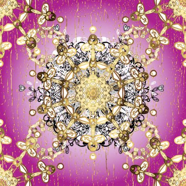 Hassas altın deseni açın. Tarafsız, altın elementli mor renkte kusursuz desen. Kusursuz altın desenli bukleler. Doğu tarzı arabesk. Parlak dantel, stilize çiçekler, şal desenli.